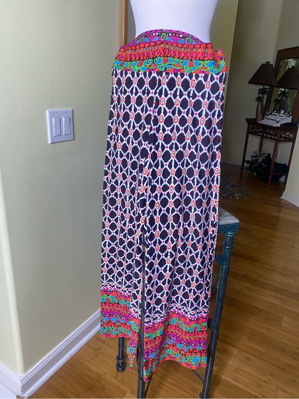 Trina Turk Black Geometric Pant with Bright Multicolor Border and hem